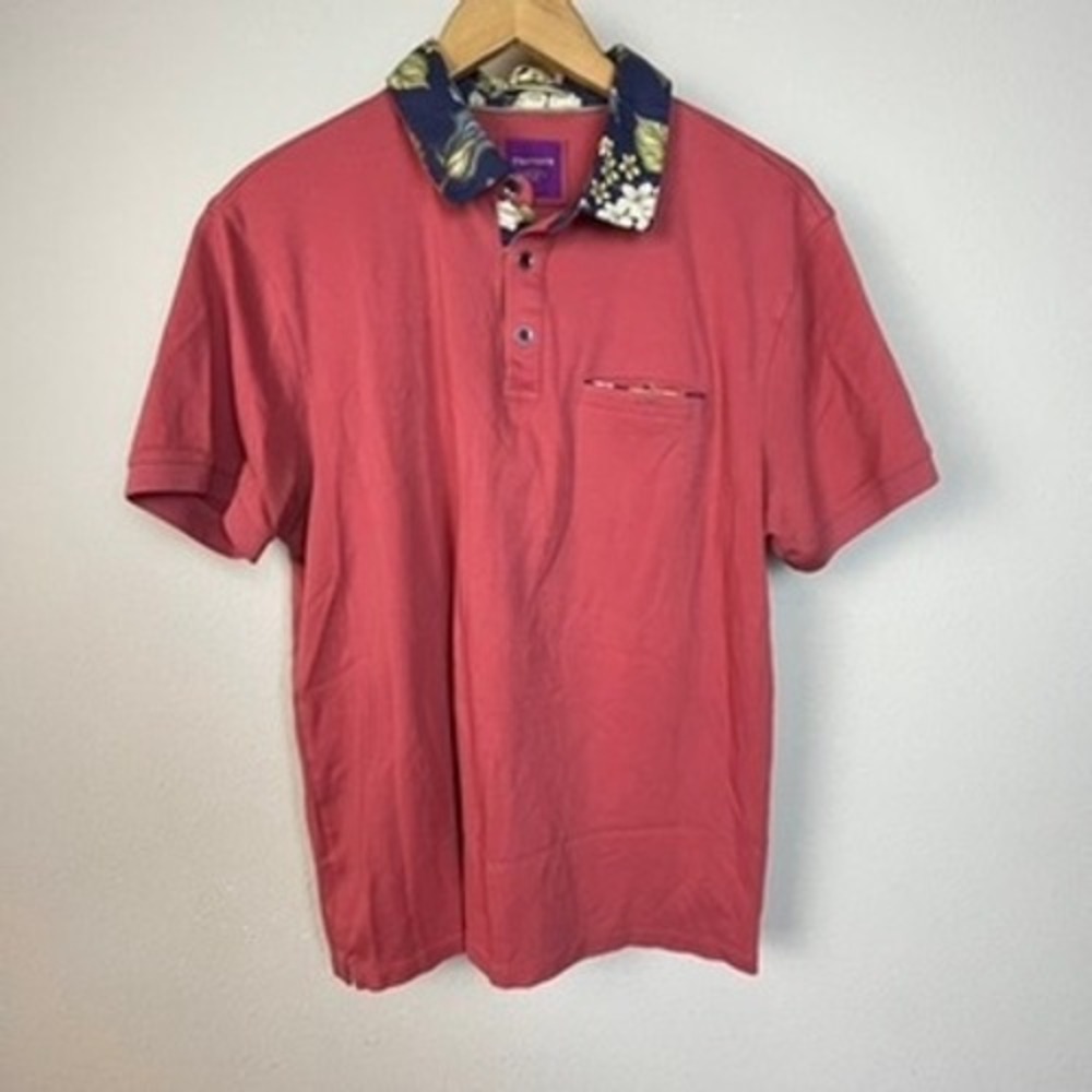 Simons Made with Liberty Fabric Men's Coral Pink Floral Collar Polo Shirt Size L